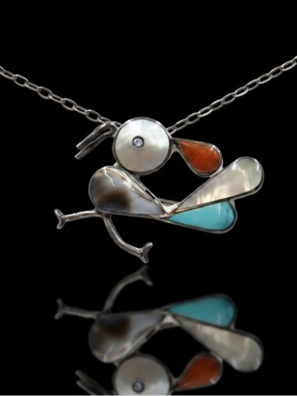 Vintage Zuni Style Silver Multi Stone Inlay Roadrunner Necklace Pin